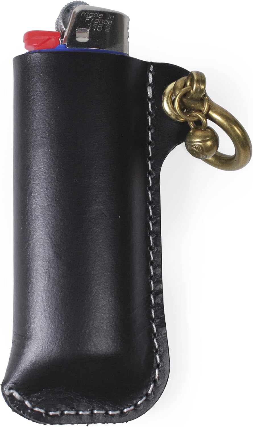 Leather Lighter Case Holder for BIC Standard Size Lighters Sleeve Cover Genuine Leather Case Pouch with Metal Horseshoe Shackles for Keychain Pendant (Black, Standard)