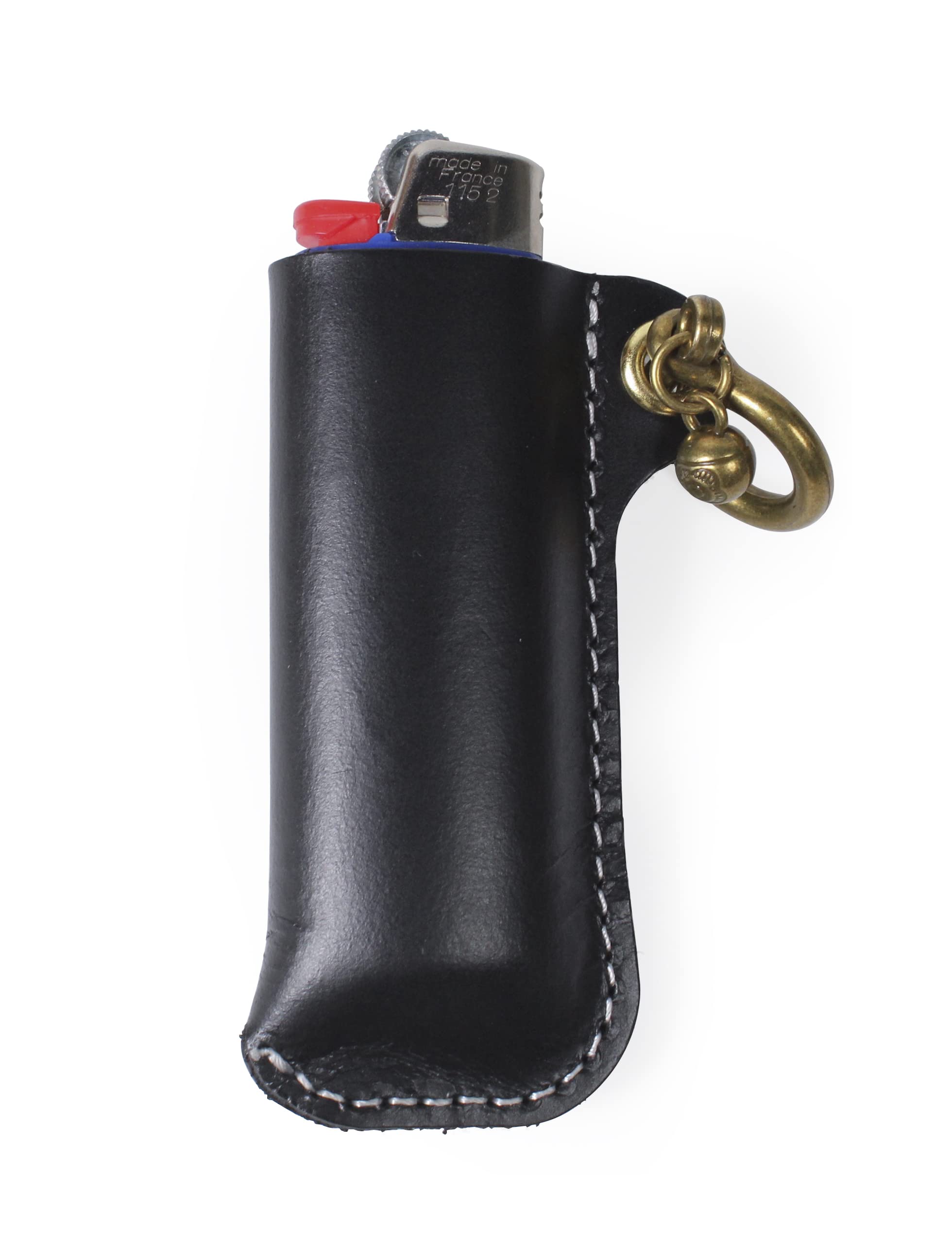 Leather Lighter Case Holder for BIC Standard Size Lighters Sleeve Cover Genuine Leather Case Pouch with Metal Horseshoe Shackles for Keychain Pendant (Black, Standard)