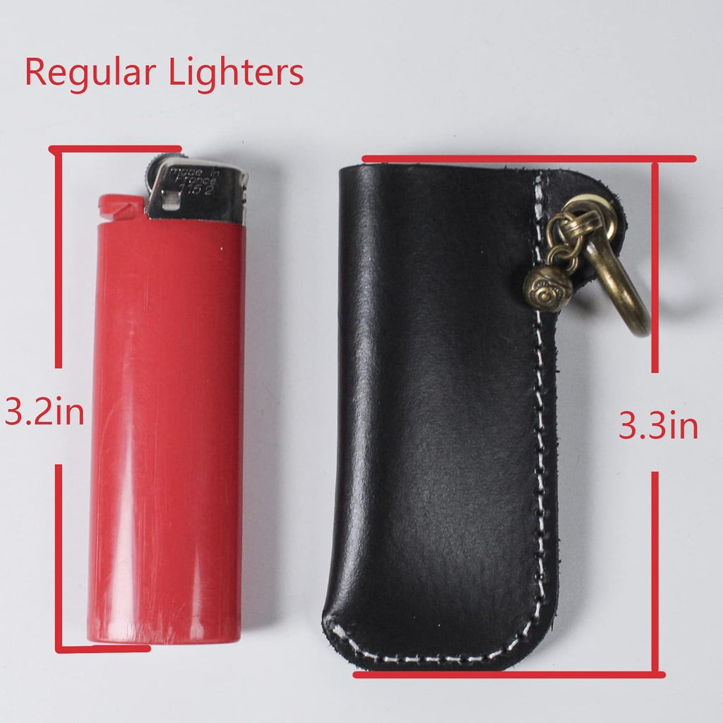 Leather Lighter Case Holder for BIC Standard Size Lighters Sleeve Cover Genuine Leather Case Pouch with Metal Horseshoe Shackles for Keychain Pendant (Black, Standard)