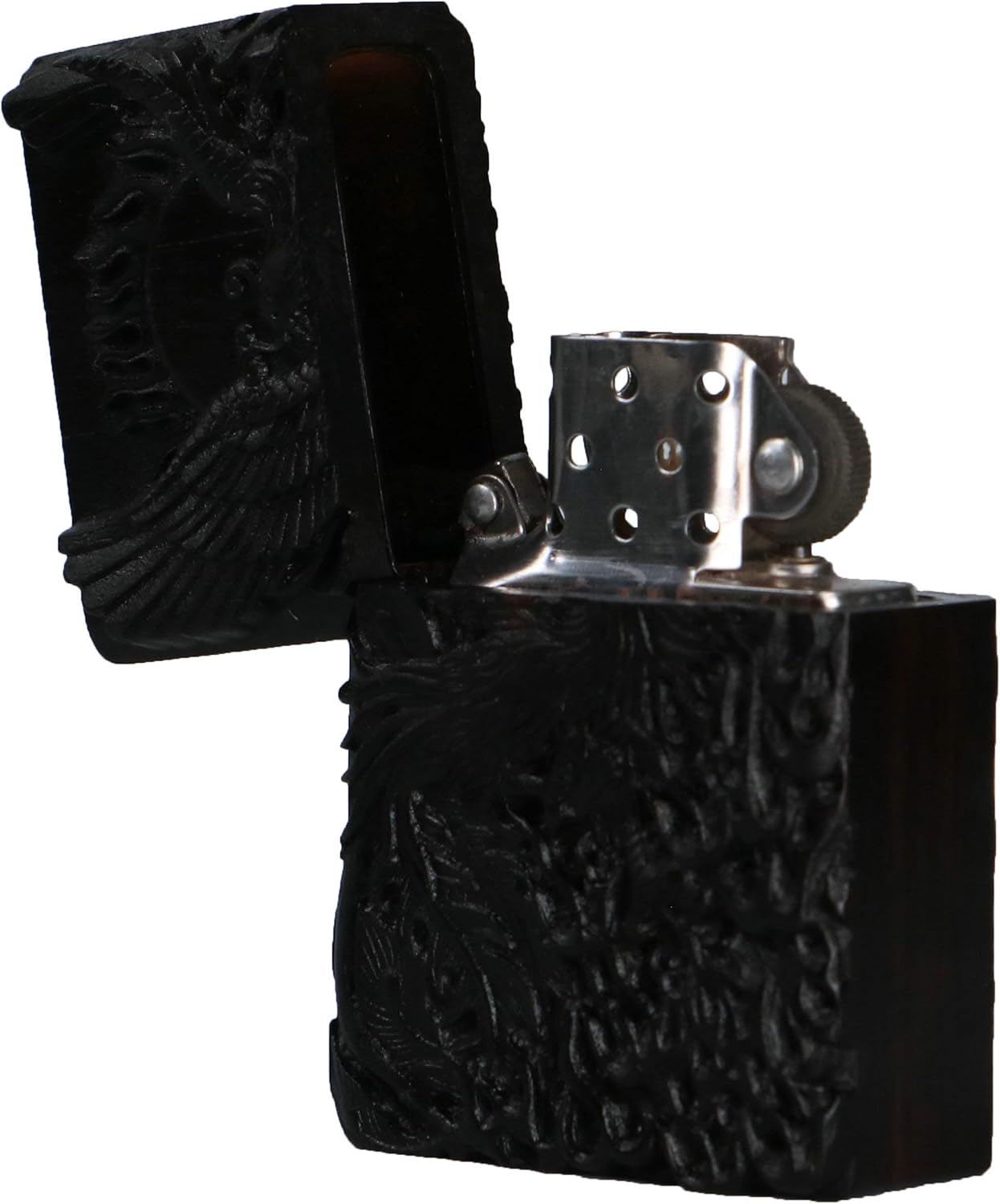 Natural Ebony Black Wood Carved Lighter Shell Box for Zippo Module (Phoenix Nirvana)