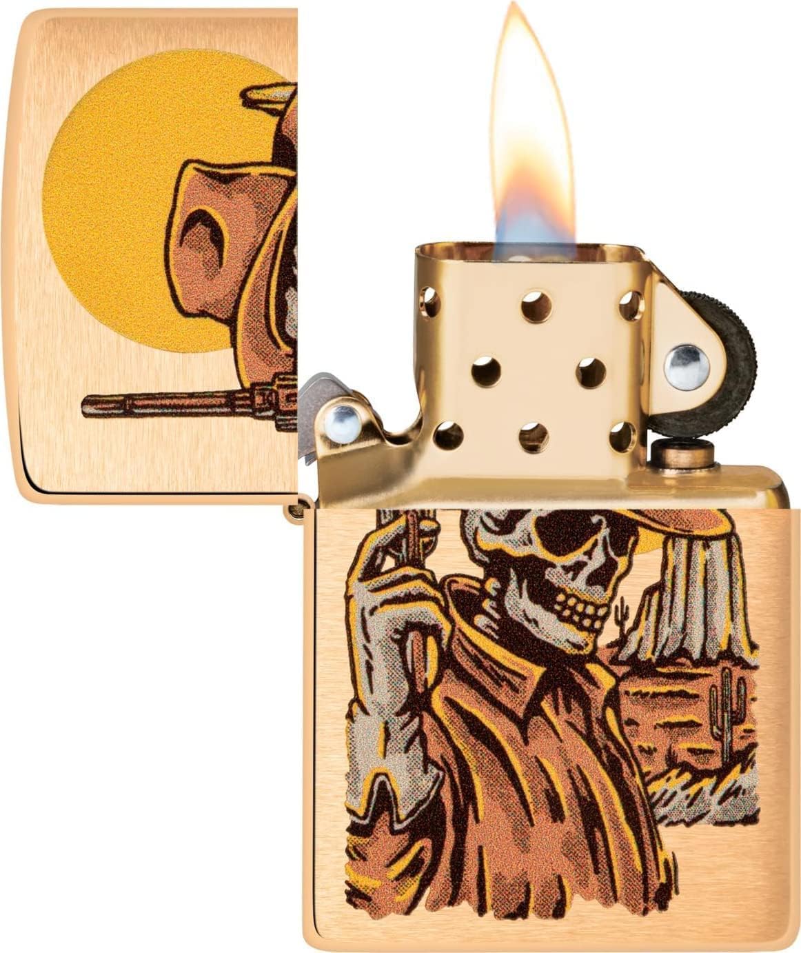 Zippo Lighter - Personalized Custom Message Engraved on Backside Wild West Skeleton Design Brushed Brass #48519