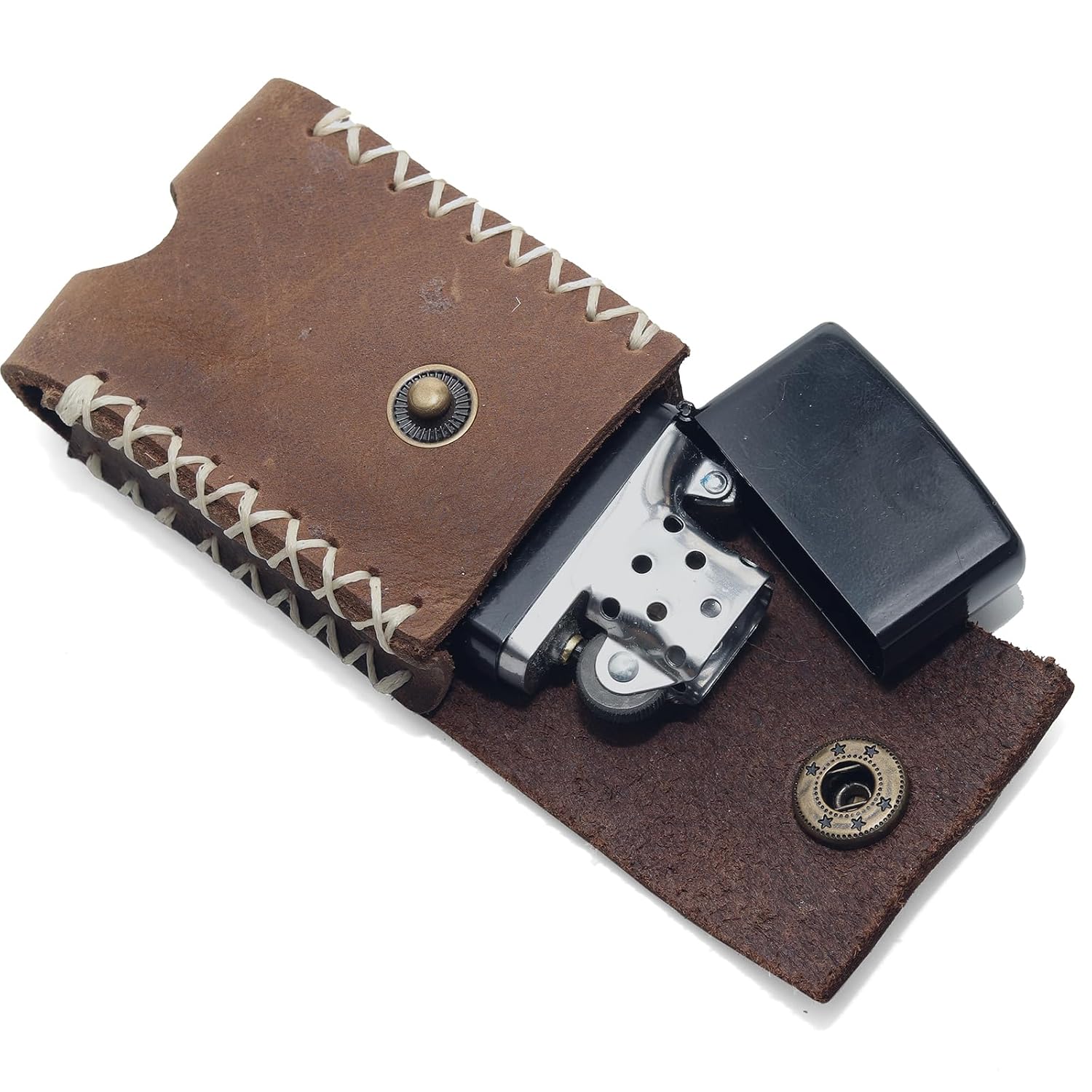 Handmade Leather Lighter Case with Belt Clip | Saddle-Stitched Crazy Horse Leather Cover for Zippo (2.3" Max) | Gift for Men/Women, Snap Closure (brown)