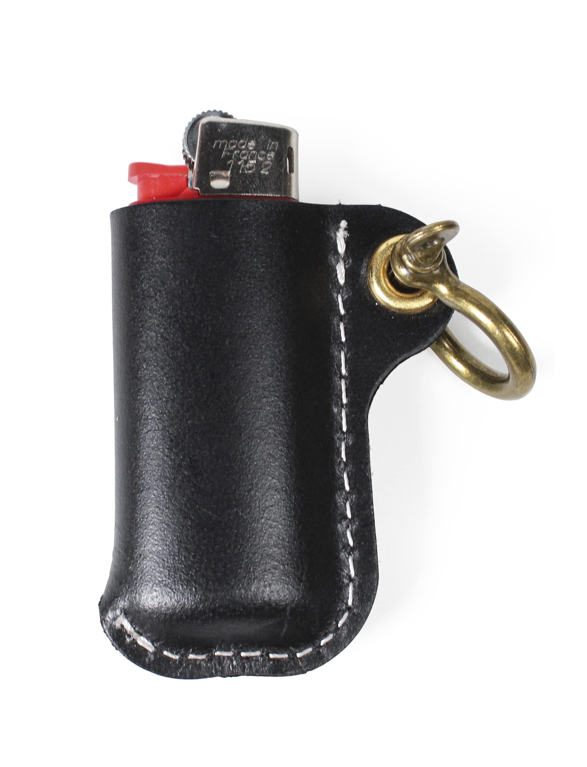 Leather Lighter Case Holder for BIC Standard Size Lighters Sleeve Cover Genuine Leather Case Pouch with Metal Horseshoe Shackles for Keychain Pendant (Black, Standard)
