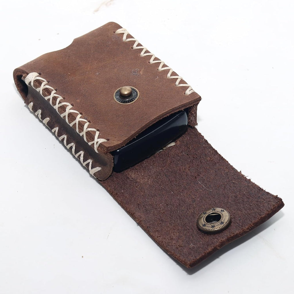 Handmade Leather Lighter Case with Belt Clip | Saddle-Stitched Crazy Horse Leather Cover for Zippo (2.3" Max) | Gift for Men/Women, Snap Closure (brown)