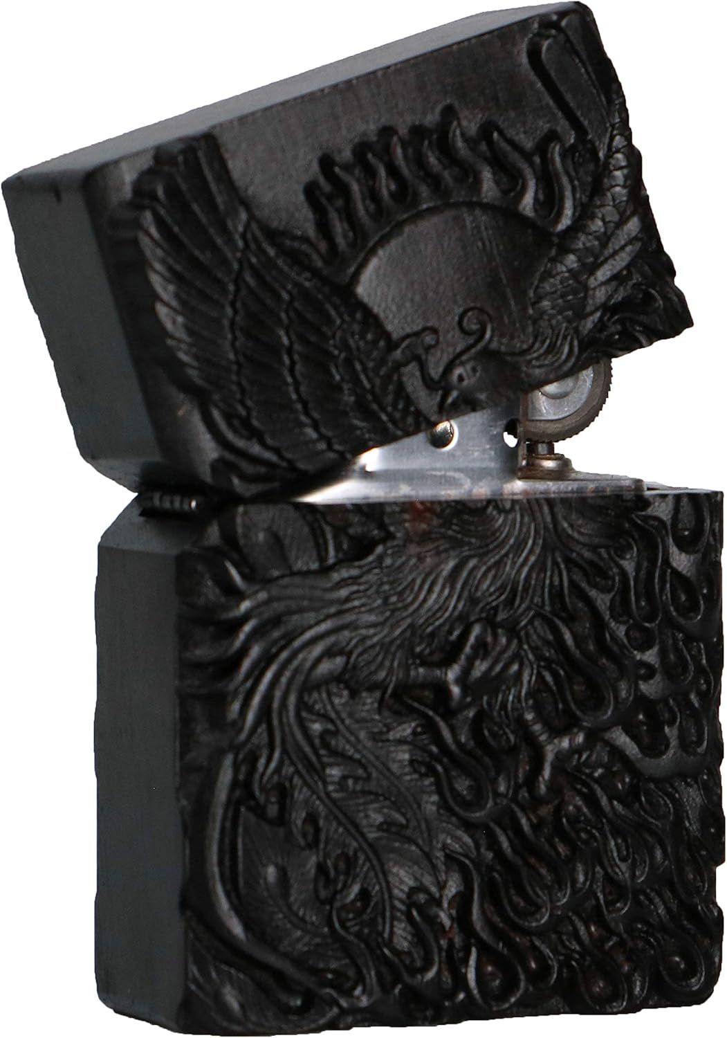 Natural Ebony Black Wood Carved Lighter Shell Box for Zippo Module (Phoenix Nirvana)