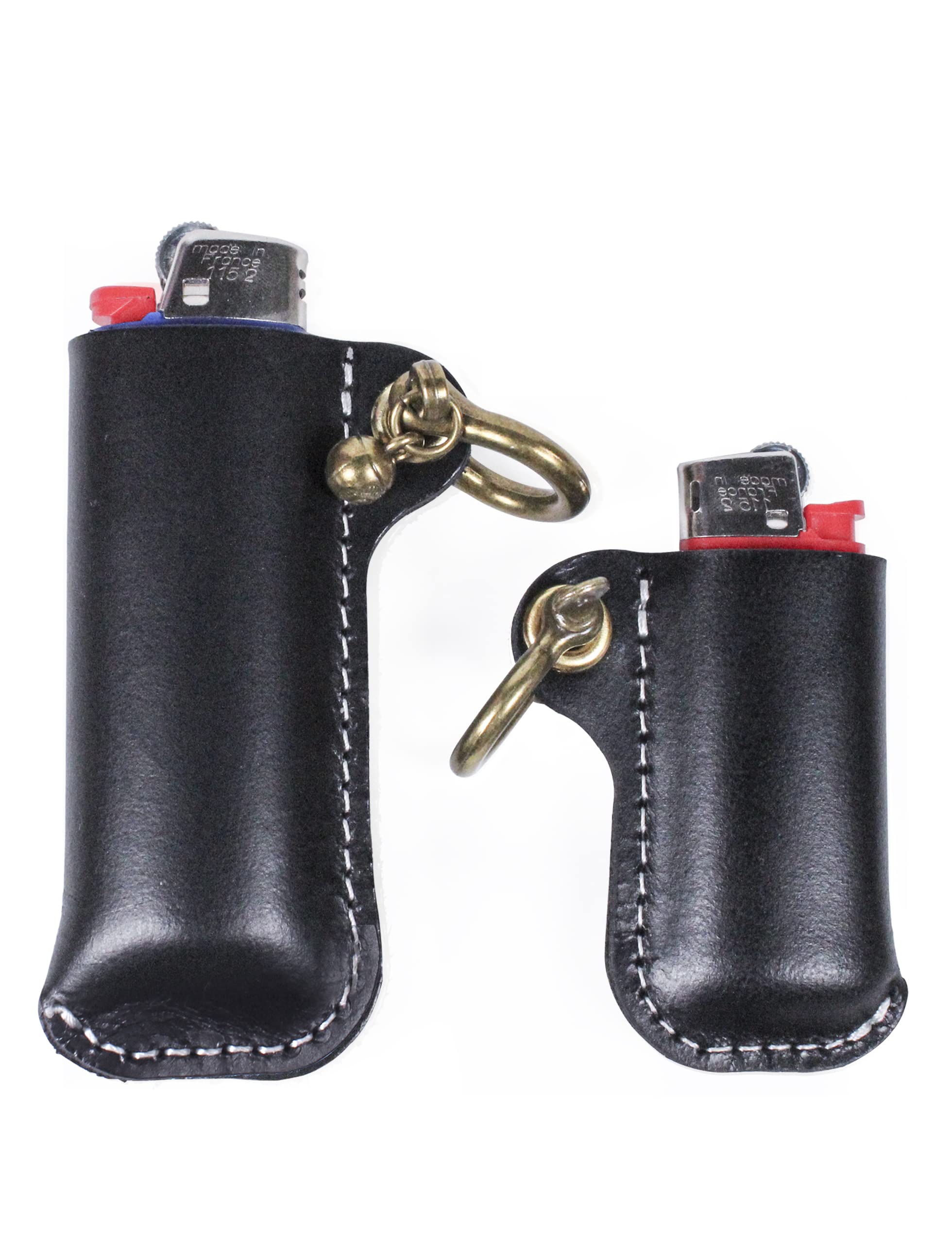 Leather Lighter Case Holder for BIC Standard Size Lighters Sleeve Cover Genuine Leather Case Pouch with Metal Horseshoe Shackles for Keychain Pendant (Black, Standard)