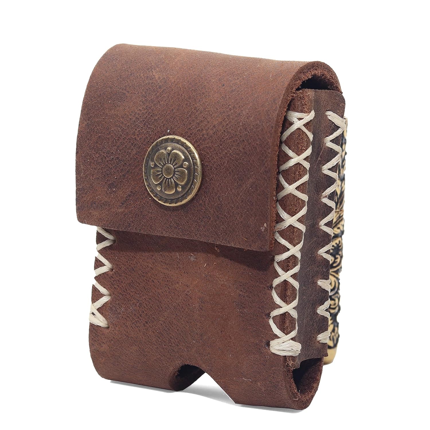 Handmade Leather Lighter Case with Belt Clip | Saddle-Stitched Crazy Horse Leather Cover for Zippo (2.3" Max) | Gift for Men/Women, Snap Closure (brown)