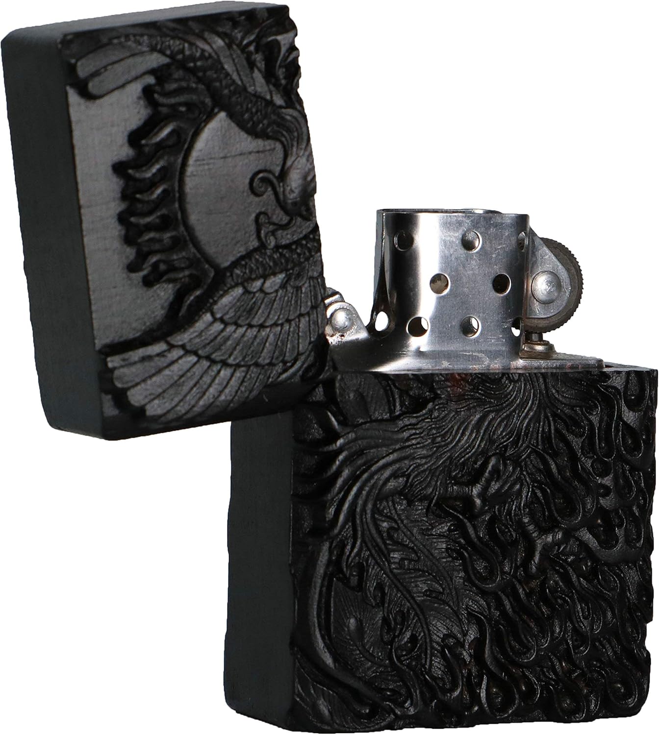 Natural Ebony Black Wood Carved Lighter Shell Box for Zippo Module (Phoenix Nirvana)