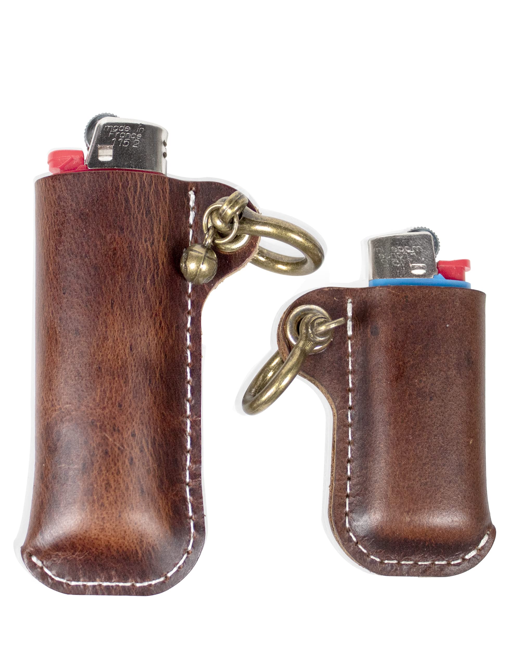 Leather Lighter Case Holder for BIC Standard Size Lighters Sleeve Cover Genuine Leather Case Pouch with Metal Horseshoe Shackles for Keychain Pendant (Black, Standard)